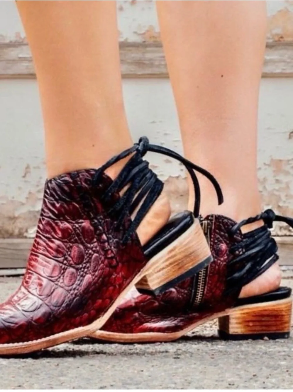 freebird Steven Jojo Leather Croc-Embossed Lace-Up Cutout Booties 7